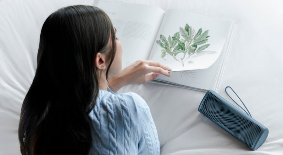 Person liest ein illustriertes Buch auf einem Bett, ein tragbarer Lautsprecher liegt daneben.