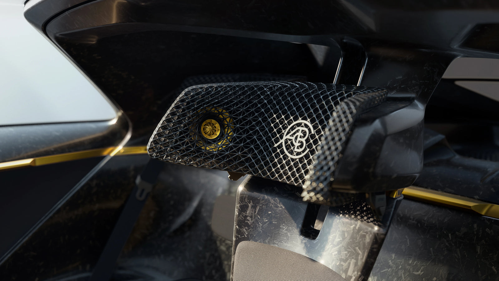 Close-up of headrest in Lotus Theory 1 car.
